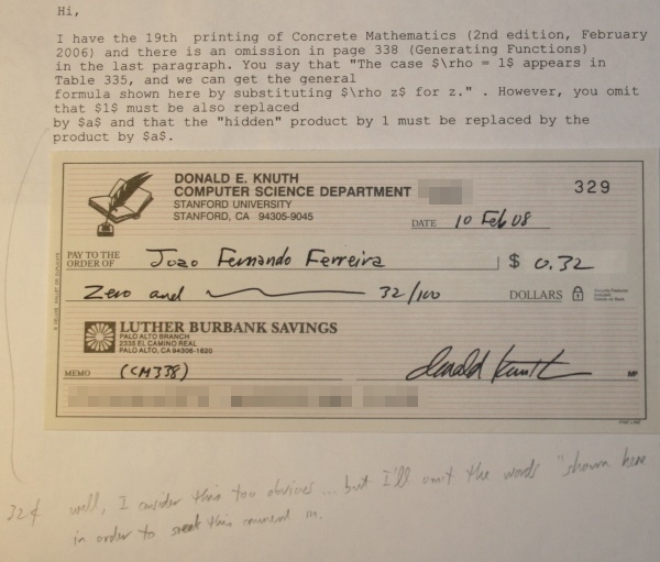 Photo of Knuth’s note and check