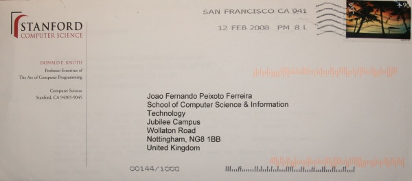 Photo of envelope sent by Knuth (12 Feb 2008)